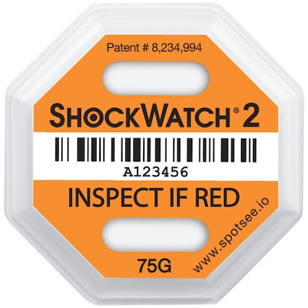SHOCKWATCH 75G 2 Indicators, 3 3/4" x 3 3/4", Orange, PK 50 SHWT75
